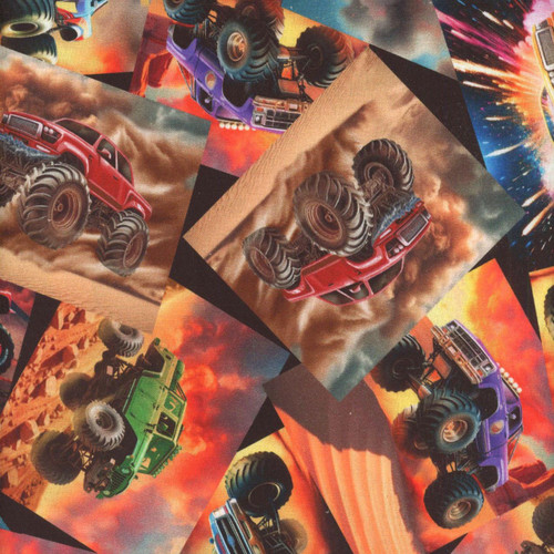 Timeless Treasures Fabrics Michael Novelty Red Orange Black Monster Trucks, fabric with vibrant monster truck prints in red, orange, black, and purple colors.