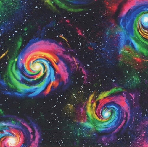 Timeless Treasures Fabrics Space Novelty Black Orange Blue Yellow Swirling Solar Systems, colorful galaxy design with vibrant swirling galaxies and cosmic starry background.