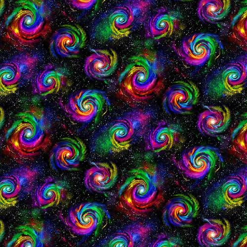 Timeless Treasures Fabrics Space Novelty Black Orange Blue Yellow Swirling Solar Systems