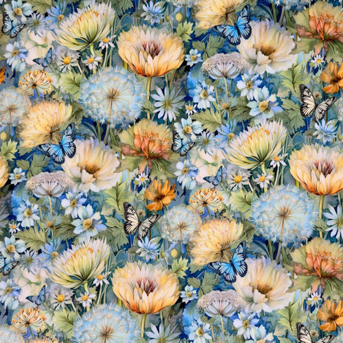 Timeless Treasures Fabrics Floral Forest Whisper Floral Softie Minky Fleece, colorful floral pattern with dandelions and daisies, blue butterflies, and green foliage.