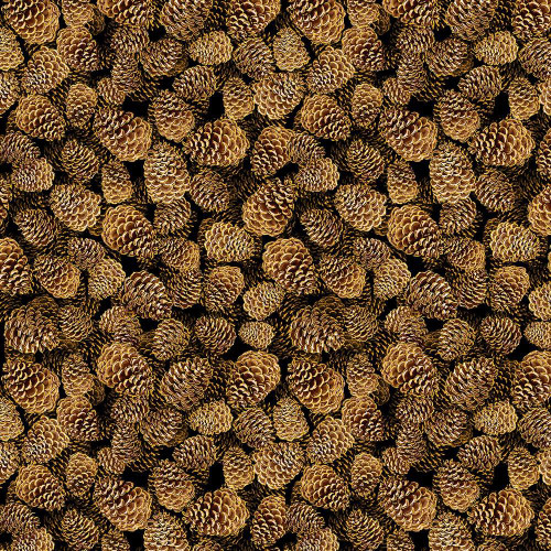 Timeless Treasures Fabrics Autumn Leaves Pine Cones Brown, close-up of a fabric pattern featuring numerous pine cones in shades of brown and beige, creating an autumn-inspired design.
