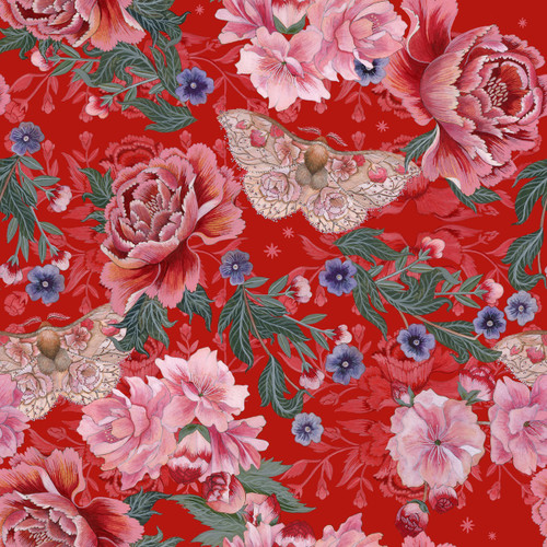 Free Spirit Fabrics Nocturnal Creatures Maria Matos Red Peony Blossom Moth