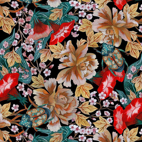 Free Spirit Fabrics Nocturnal Creatures Maria Matos Black Japanese Beetle Peony