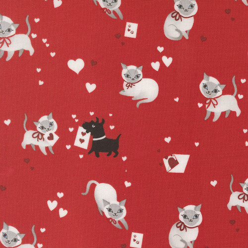 Moda Fabrics Funny Valentine Lizzy House Cats Dogs Hearts Red Love