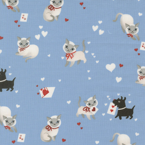 Moda Fabrics Funny Valentine Lizzy House Cats Dogs Hearts Light Blue Sky