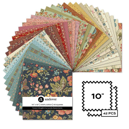 Andover Fabrics Farmers Daughter by Laundry Basket Quilts Layer Cake Ten Inch Squares, colorful floral and patterned fabric squares for quilting projects.