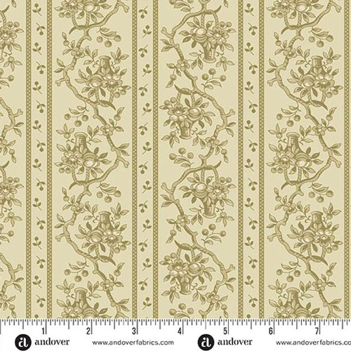 Andover Fabrics Farmers Daughter by Laundry Basket Quilts Orchard Spanish Moss, fabric pattern featuring a floral and vine design in shades of green and beige.