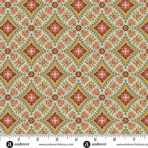Andover Fabrics Farmers Daughter by Laundry Basket Quilts Amber Fields Sky Blue, a colorful floral pattern with a detailed geometric design featuring pink, red, blue, and green hues.