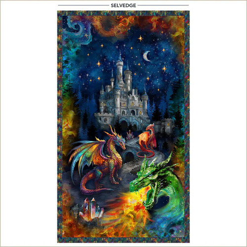Windham Fabrics Dragon Kingdom Midnight Blue Dragons Castle Panel, vibrant fantasy scene featuring a castle, colorful dragons, and a starry night sky.