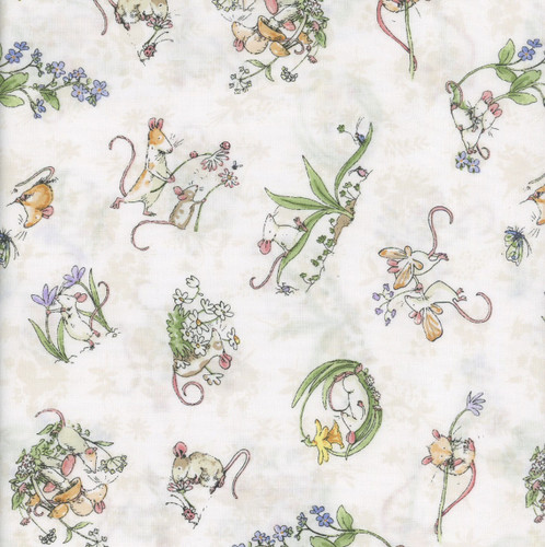 Clothworks Fabrics Mouseplay Anita Jeram Tossed Scenes White
