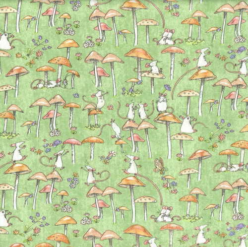 Clothworks Fabrics Mouseplay Anita Jeram Mushroom Dance Denim Blue