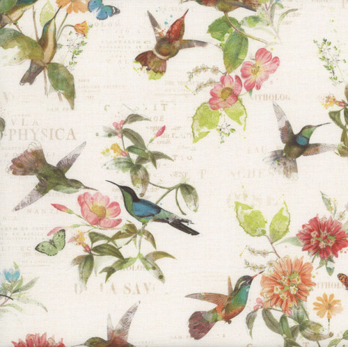 Clothworks Fabrics Hummingbird Days Katie Pertiet Bird Toile Flowers Tan Green