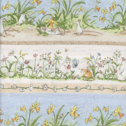 Clothworks Fabrics Mouseplay Anita Jeram Pictorial Stripe Blue Green Cream