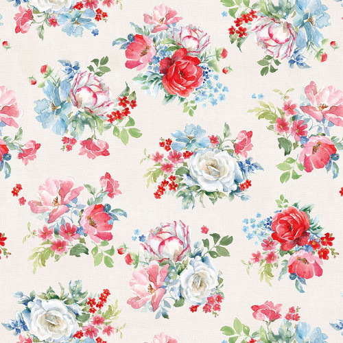 Clothworks Fabrics Americana Beth Grove Tossed Bouquets White Red
