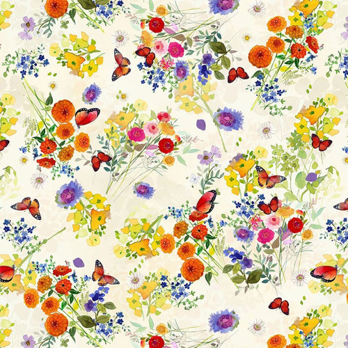 Clothworks Fabrics Fleur de Rose Sue Zipkin Butterfly Garden Cream Orange Yellow