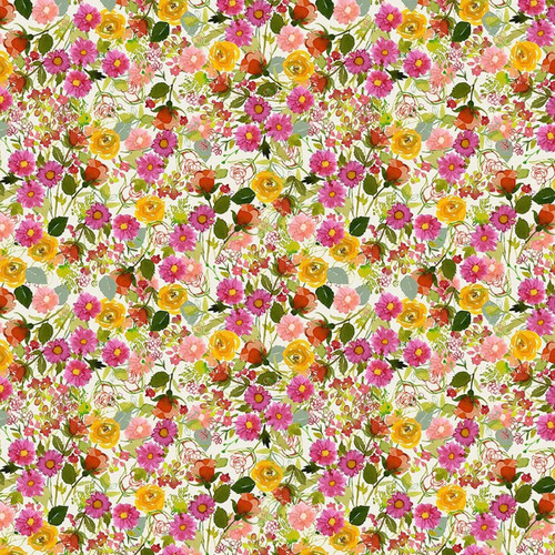 Clothworks Fabrics Fleur de Rose Sue Zipkin Dahlias Rose Pink Yellow