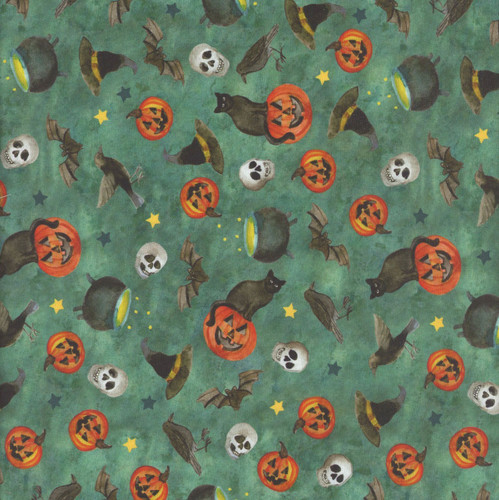 Clothworks Fabrics Emerald Hollow Sue Zipkin Halloween Toss Emerald Green