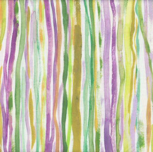 Dear Stella Fabrics Mardi Gras Nola Stripe Multi, colorful fabric with vibrant vertical stripes in green, purple, yellow, and orange hues.