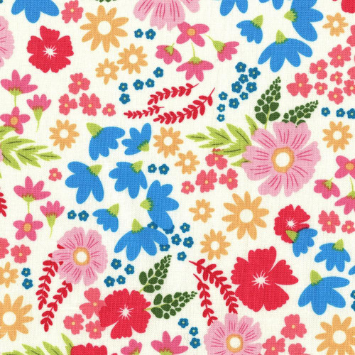 Studio E Fabrics Joann Fabrics Field of Wild Flowers Pink Red Yellow Blue Cream, colorful floral pattern fabric with vibrant pink, red, yellow, blue, and cream flowers and green leaves.