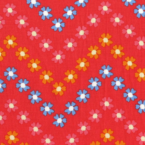 Studio E Fabrics Joann Fabrics Flower Bloom Chevron Red Yellow Pink fabric with colorful floral pattern.