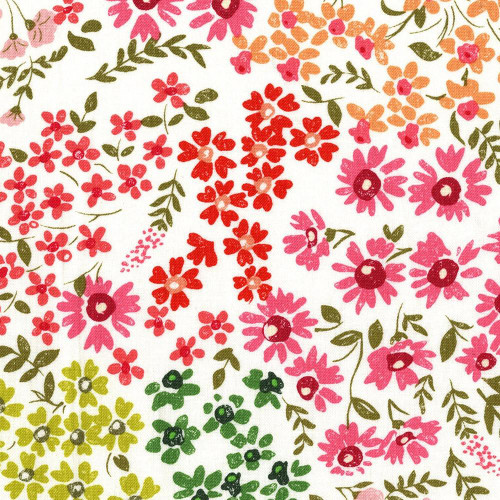 Studio E Fabrics Joann Fabrics Field Flowers Veggie Red Pink Green Sage, floral fabric with colorful flower and leaf pattern in red, pink, green, and sage on white background.