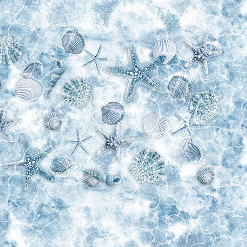 Timeless Treasures Fabrics Let Your Light Shine Tossed Starfish & Shells Blue