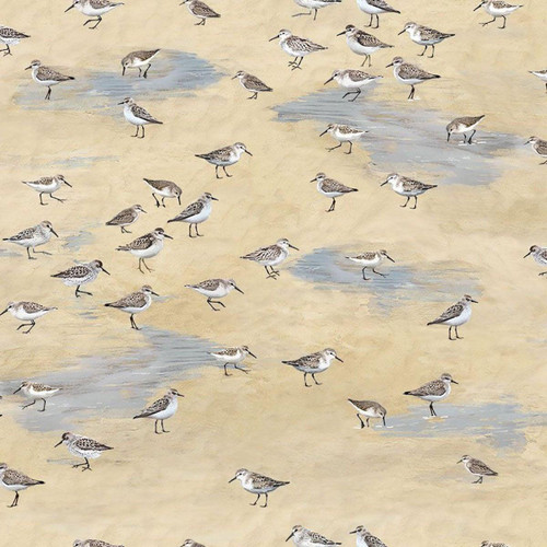 Timeless Treasures Fabrics Let Your Light Shine Sandpipers Sand, fabric featuring a detailed pattern of sandpipers walking on sandy or muddy shorelines with patches of water, in neutral and earth tones.