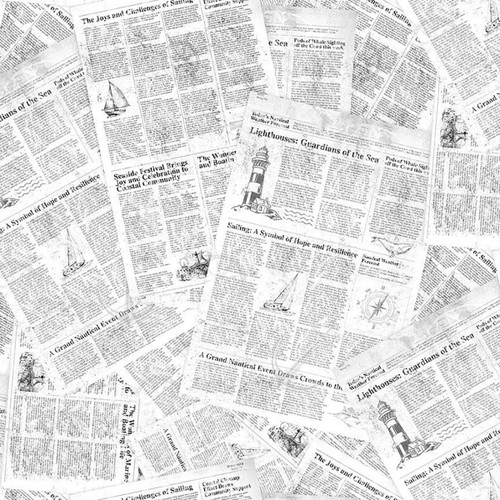 Timeless Treasures Fabrics Let Your Light Shine Maritime Newspaper White, fabric design featuring newspaper print with lighthouse illustrations and maritime-themed articles.