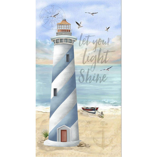 Timeless Treasures Fabrics Let Your Light Shine Lighthouse Panel 24 Inch Multi, fabric with a lighthouse illustration, seagulls, ocean background, and the phrase "let your light shine" on it.
