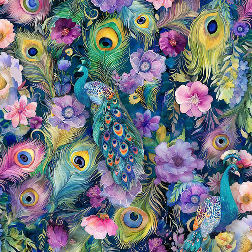 Timeless Treasures Fabrics Wild Beauty Peacock Peek-A-Boo Floral Navy