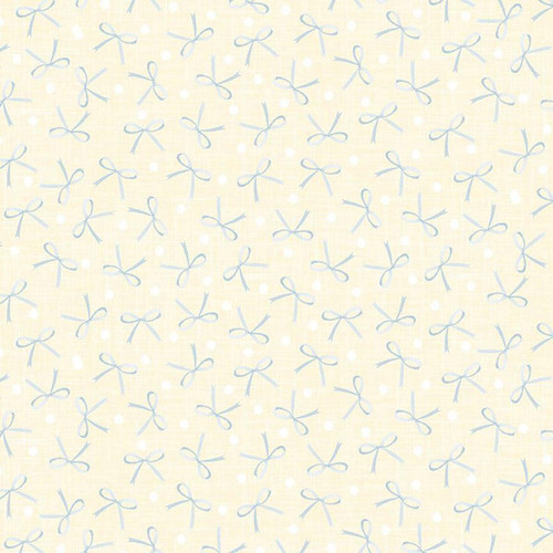 Timeless Treasures Fabrics Til the Cows Come Home Bows Vanilla, light cream fabric with light blue bows and white polka dots pattern.