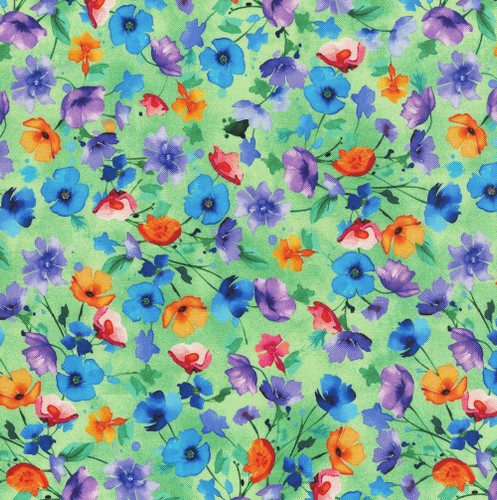 Timeless Treasures Fabrics Meadow Bloom Nasturtium Floral Field Green