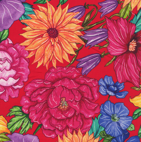 Timeless Treasures Fabrics Living Color Large Hacienda Floral Packed Red
