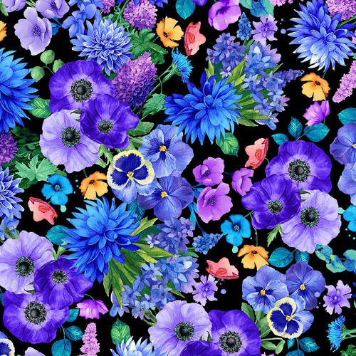 Timeless Treasures Fabrics Meadow Bloom Wildflower Bouquet Packed Black