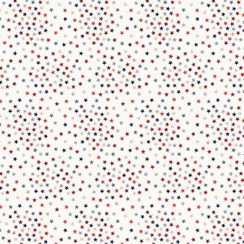 Timeless Treasures Fabrics Path to Freedom Stars Multi, fabric with a patriotic pattern of small red, white, and blue stars on a white background.