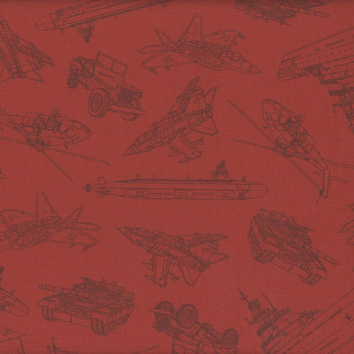 Timeless Treasures Fabrics Path to Freedom Military Convoy Crimson, fabric with line drawings of military vehicles and aircraft on a crimson background.