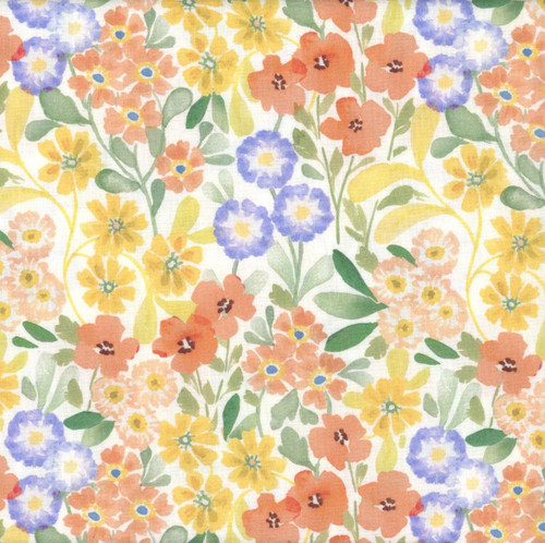 Dear Stella Fabrics Aloha Beach Flowers White, floral fabric pattern with colorful beach-inspired flowers in yellow, orange, purple, and green on a white background.