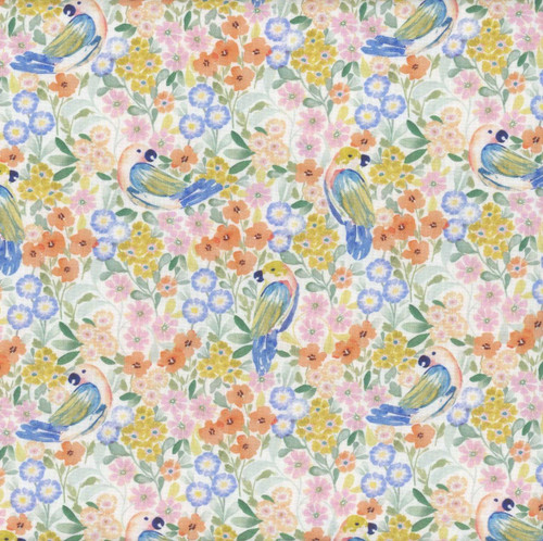 Dear Stella Fabrics Aloha So Fly White, fabric featuring colorful tropical flamingos and floral pattern.