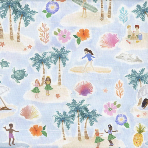 Dear Stella Fabrics Aloha Aloha Multi, a colorful fabric with a tropical beach scene featuring palm trees, children playing, surfboards, seashells, flowers, turtles, and a pineapple.
