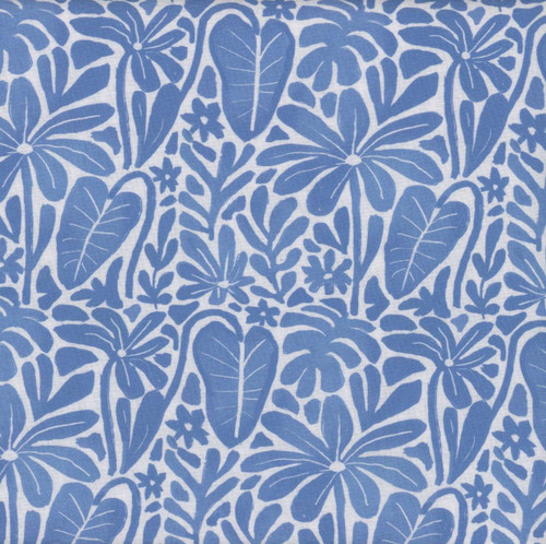Dear Stella Fabrics Aloha Palm Blockprint White, textile fabric with a blue and white botanical floral pattern featuring large leaves and flowers in a tropical design.