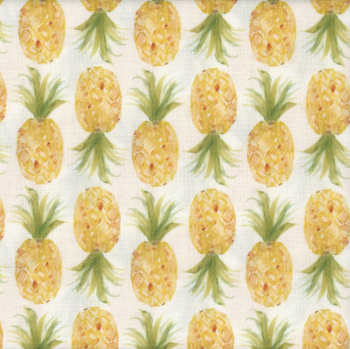 Dear Stella Fabrics Aloha Pineapples White, a fabric with a repeating pattern of yellow pineapples with green leaves on a white background.