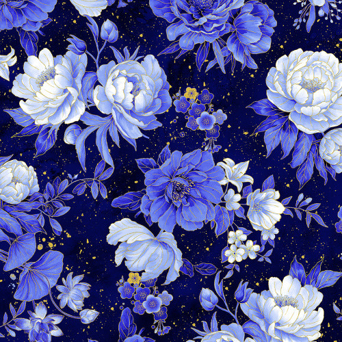 Timeless Treasures Fabrics Moonlight Metallic Asian Floral Navy