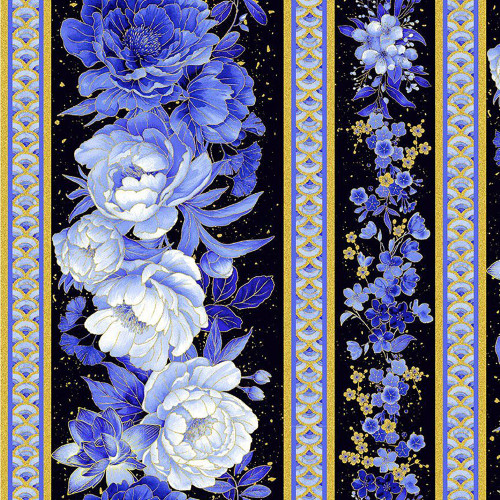 Timeless Treasures Fabrics Moonlight Asian Floral Repeating Stripe Met Black