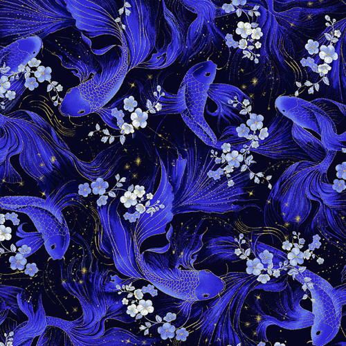 Timeless Treasures Fabrics Moonlight Metallic Butterfly Koi Fish Black