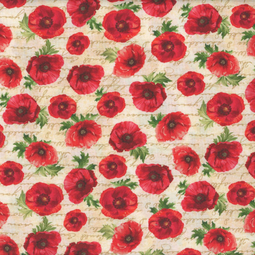 Timeless Treasures Fabrics Poppy Passion by Chong A Hwang Poppies On Script Cream
