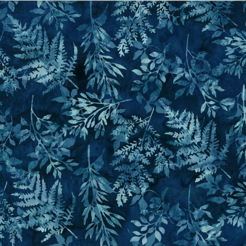 Hoffman Fabrics Bali Hand Dyed Batik Leafy Branches Ferns Fronds Evening Blue, a fabric with a batik pattern featuring leafy branches, ferns, and fronds in shades of evening blue.