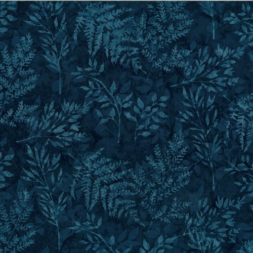 Hoffman Fabrics Bali Hand Dyed Batik Leafy Branches Ferns Fronds Persia Blue, a fabric with a dark blue background featuring a detailed leafy and fern pattern in various shades of blue.
