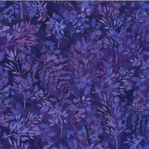 Hoffman Fabrics Bali Hand Dyed Batik Leafy Branches Ferns Fronds Vegas Baby Purple, a fabric with a purple batik pattern featuring leafy branches, ferns, and fronds in a vibrant, hand-dyed design.