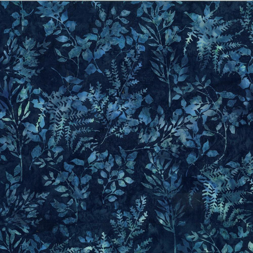 Hoffman Fabrics Bali Hand Dyed Batik Leafy Branches Ferns Fronds Moonstruck Blue, fabric featuring a blue batik pattern of leafy branches, ferns, and fronds with a hand-dyed appearance.