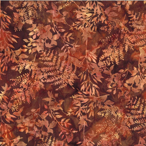 Hoffman Fabrics Bali Hand Dyed Batik Leafy Branches Ferns Fronds Bourbon Rust Brown Red, fabric with intricate leaf and fern patterns in warm rust, brown, and red tones.